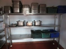 Stainless steel 3-shelf storage rack, approx 2400mm in length (excluding contents)