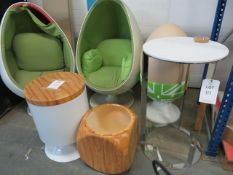 Two Egg Pod Chairs, Ornamental Egg, Bespoke Coffee Table, Wood Effect Planter, Chrome Framed