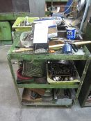 2 x metal frame trollies with contents including assorted hand tools, spanners, hammers, screw