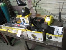 Assorted welding equipment including Esab Sentel welding mask, Esab Warrior welding mask and