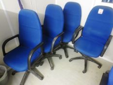 Four blue cloth upholstered office swivel chairs