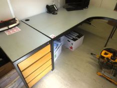 Grey steel framed, grey topped L shape desk, approx 1700-2000mm x 1400mm, with grey steel frame,