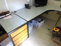 Grey steel framed, grey topped L shape desk, approx 1700-2000mm x 1400mm, with grey steel frame,