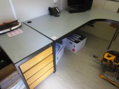 Grey steel framed, grey topped L shape desk, approx 1700-2000mm x 1400mm, with grey steel frame,