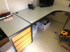 Grey steel framed, grey topped L shape desk, approx 1700-2000mm x 1400mm, with grey steel frame,