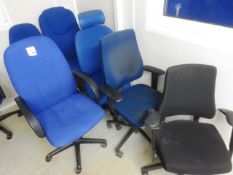 Six various blue cloth upholstered office swivel chairs