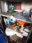 Contents of three shelves (as lotted) to include grinding discs, lights, sand paper, electrical box