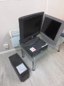 Fujitsu Desktop PC, two flat screen monitors, and APC UPS 1000