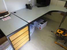 Grey steel framed, grey topped L shape desk, approx 1700-2000mm x 1400mm, with grey steel frame,