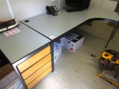 Grey steel framed, grey topped L shape desk, approx 1700-2000mm x 1400mm, with grey steel frame,