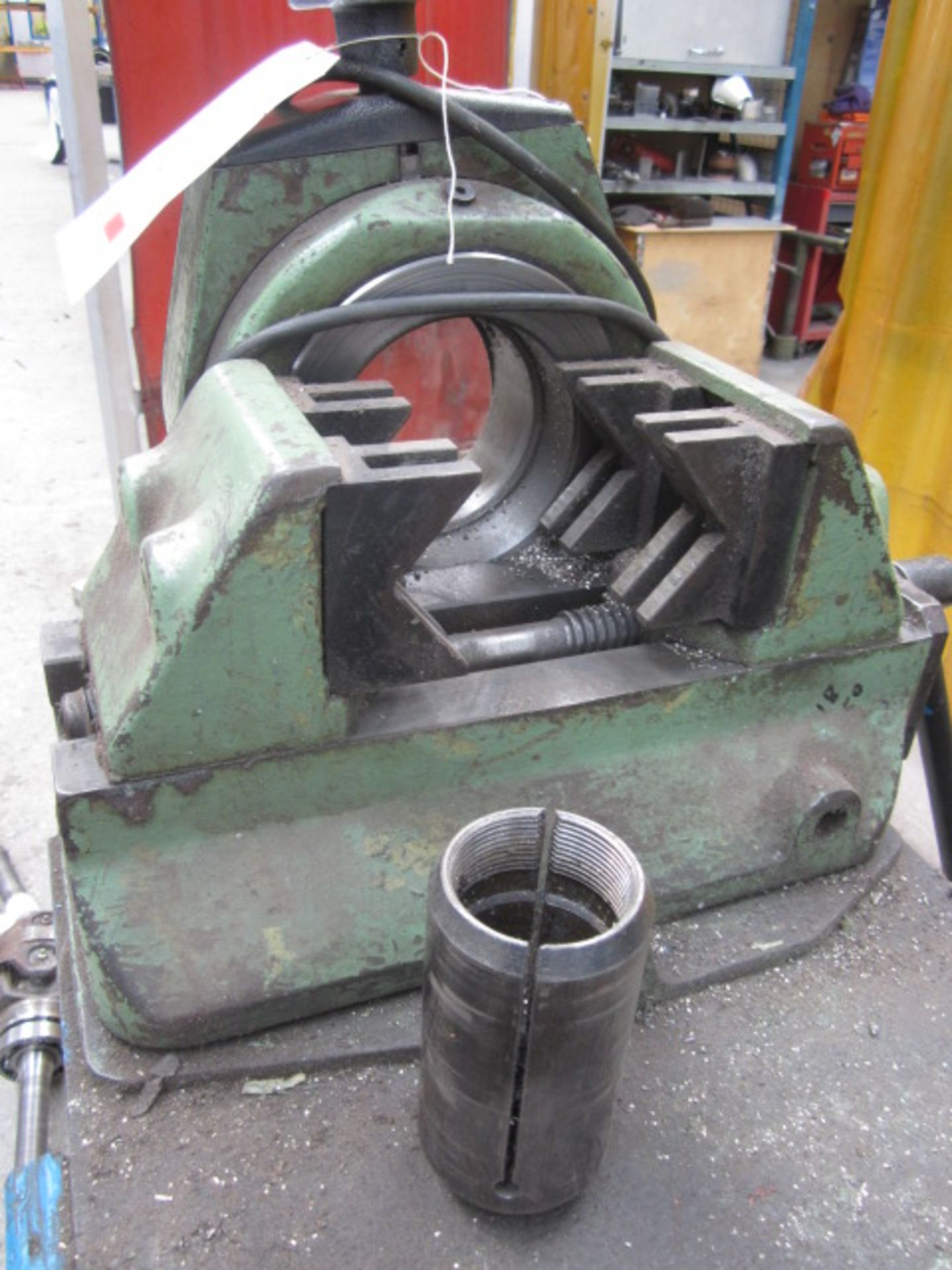 Georg Fischer pipe cutter, approx. cutting diameter 120mm,110v mounted on work bench. - Image 3 of 7