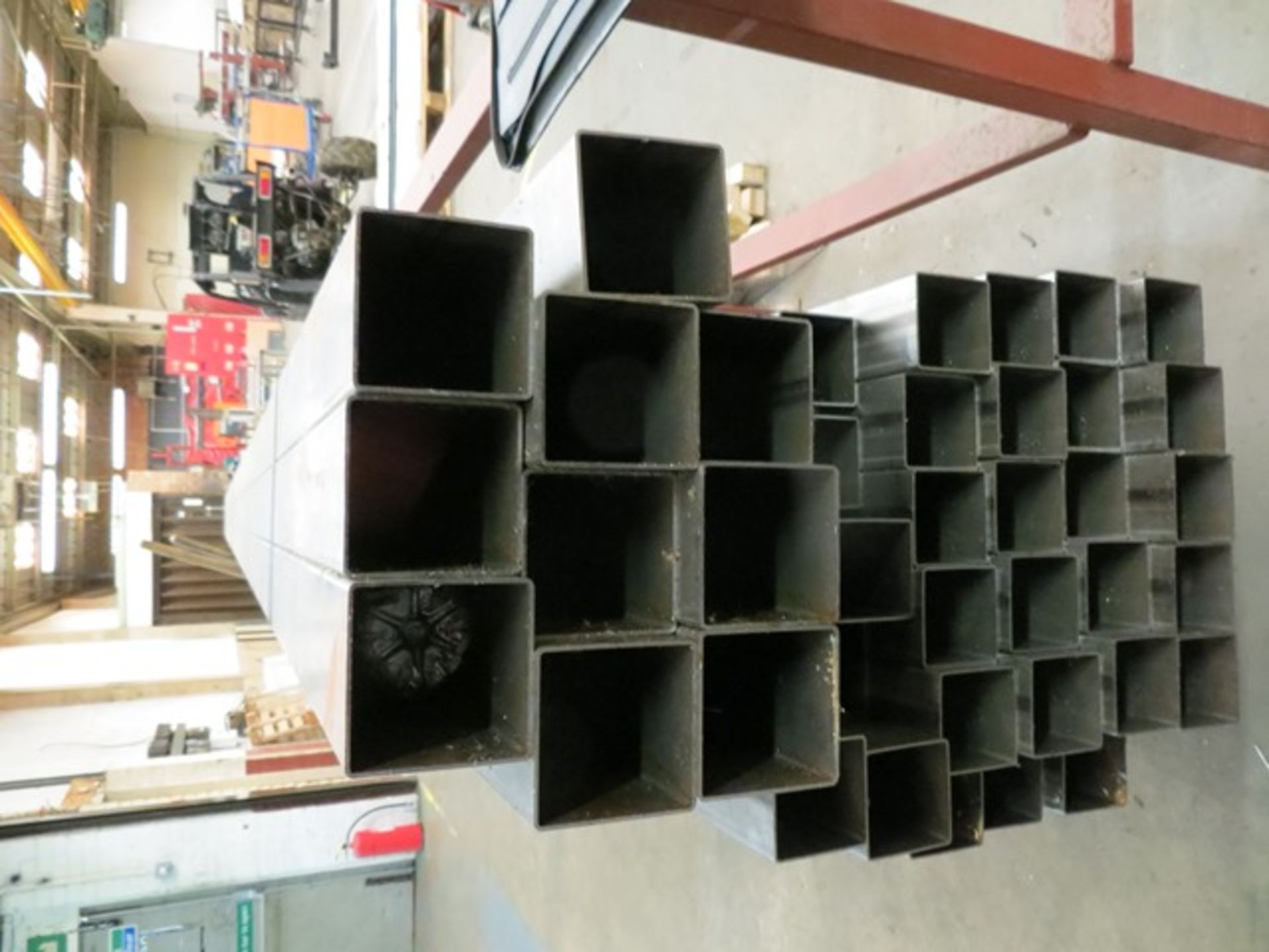 Square Box Section Racking Approx forty lengths of steel square box section 6m x 8cm