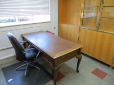 Contents of directors office to include two drawer wooden repro desk with brown letherette inlay,