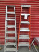 Two pairs of aluminium step ladders and a collapsable aluminium working platform