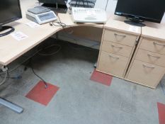 Furniture contents of end office to include eight light ash effect workstations with desk high