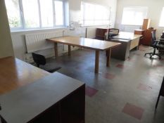 Contents of end office to include seven various tables/desks, two filing cabinets, six bookcases,