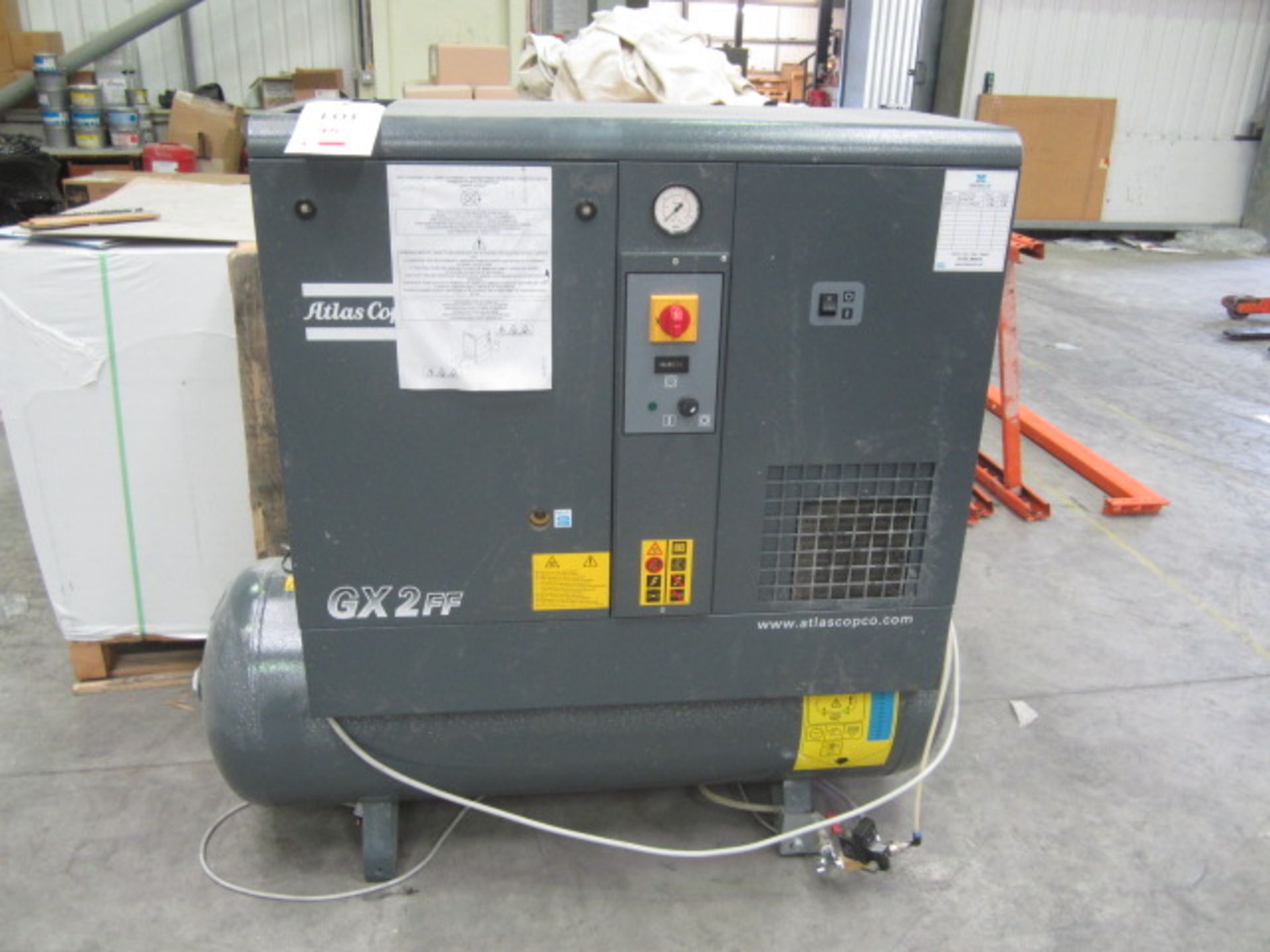 Atlas Copco GX 2FF packaged air compressor, type GX 2FF-EP, serial number CAl884393 (2015), run