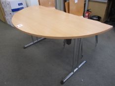 Lightwood effect circular meeting table, 1600mm diameter and 6 x wooden high back canteen chairs