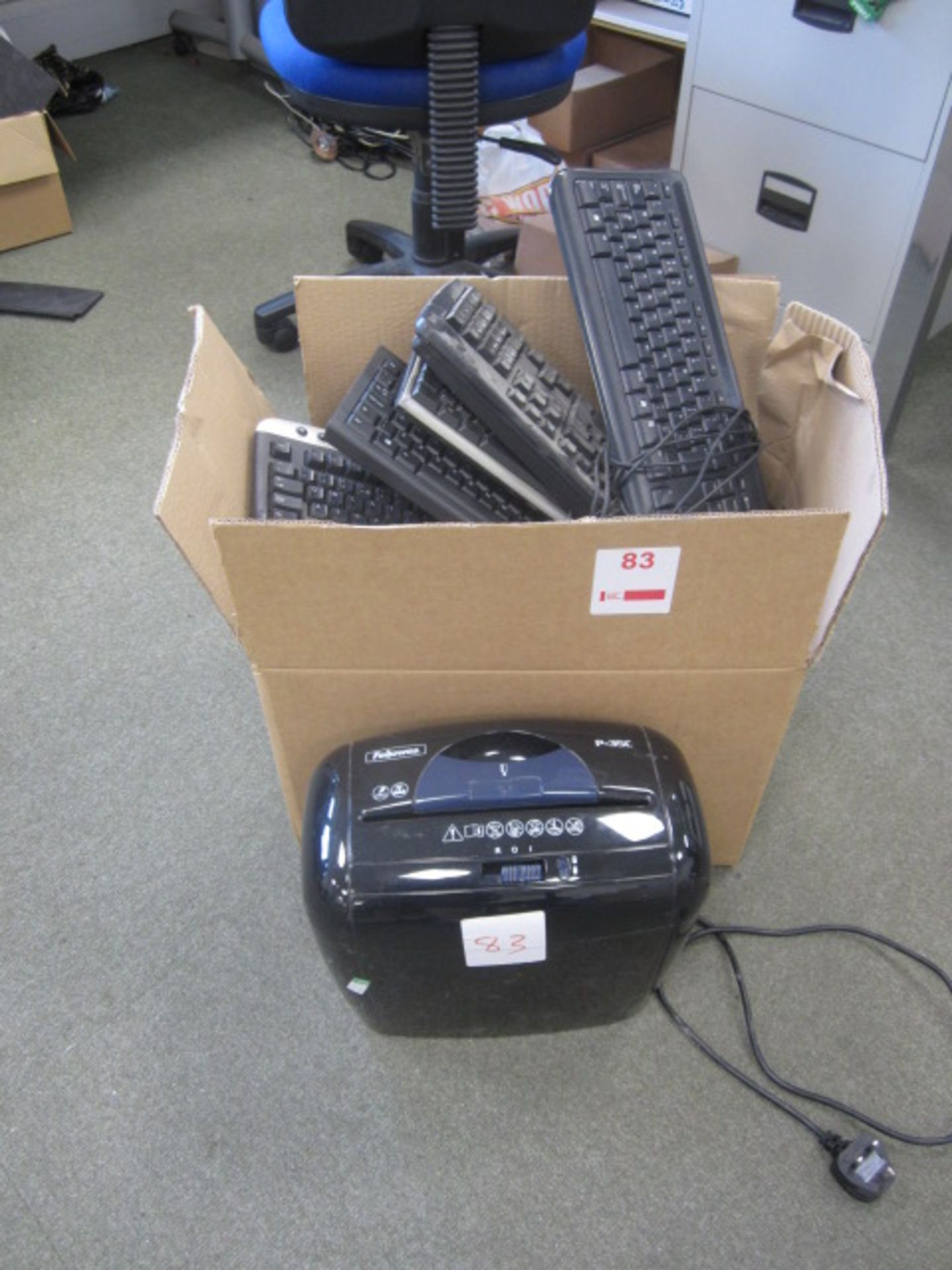 Quantity of assorted keyboards, Fellowes P-35C paper shredder, Brother Fax-2820, APC UPS, 4 x flat