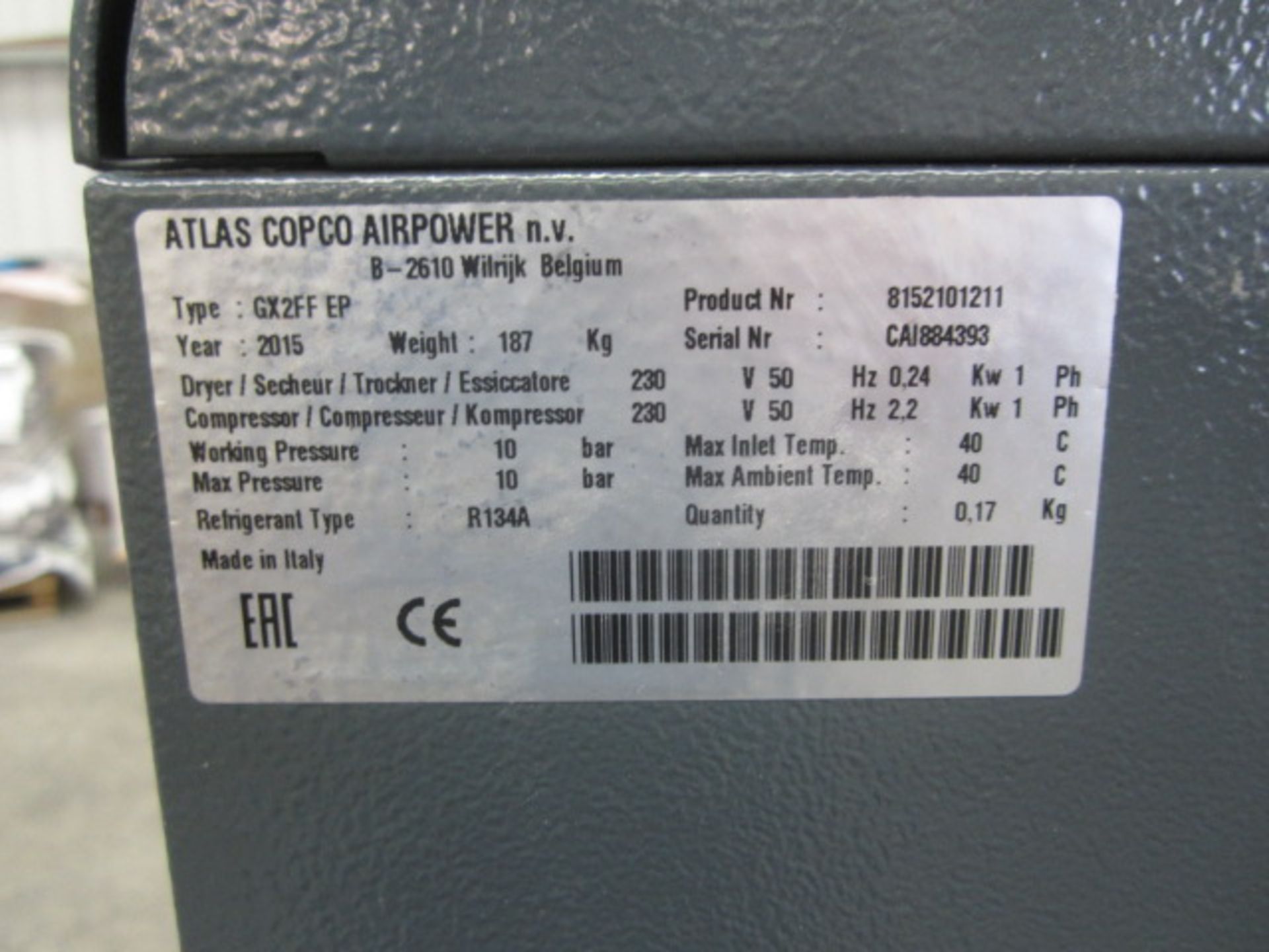 Atlas Copco GX 2FF packaged air compressor, type GX 2FF-EP, serial number CAl884393 (2015), run - Bild 8 aus 8