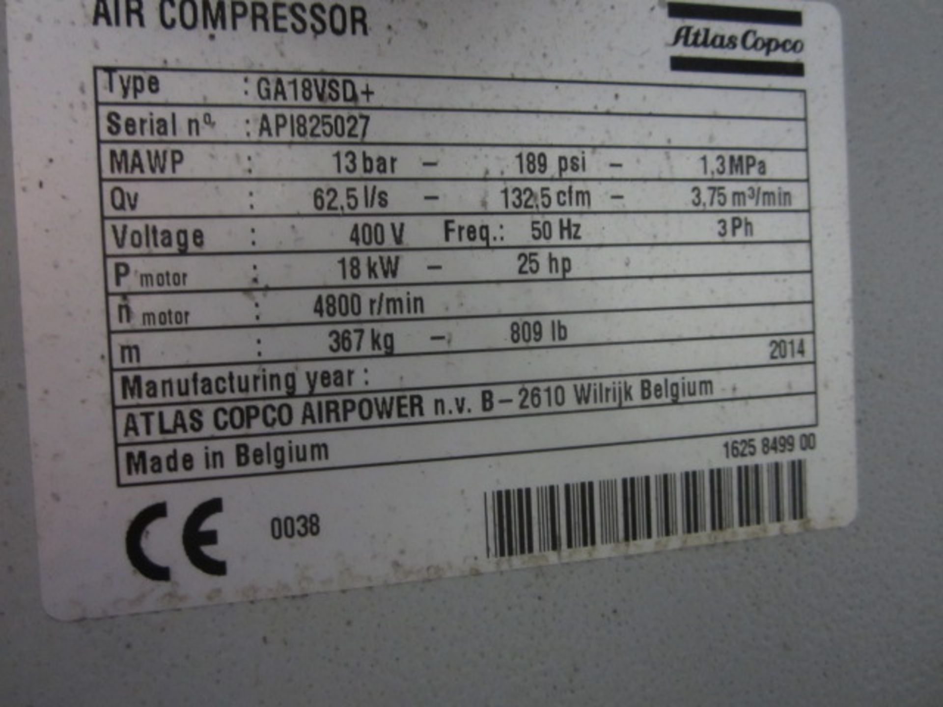 Atlas Copco GA18USDT air compressor, serial no: AP1825027 (2014), Tundra Refrigerant air dryer and - Image 11 of 13