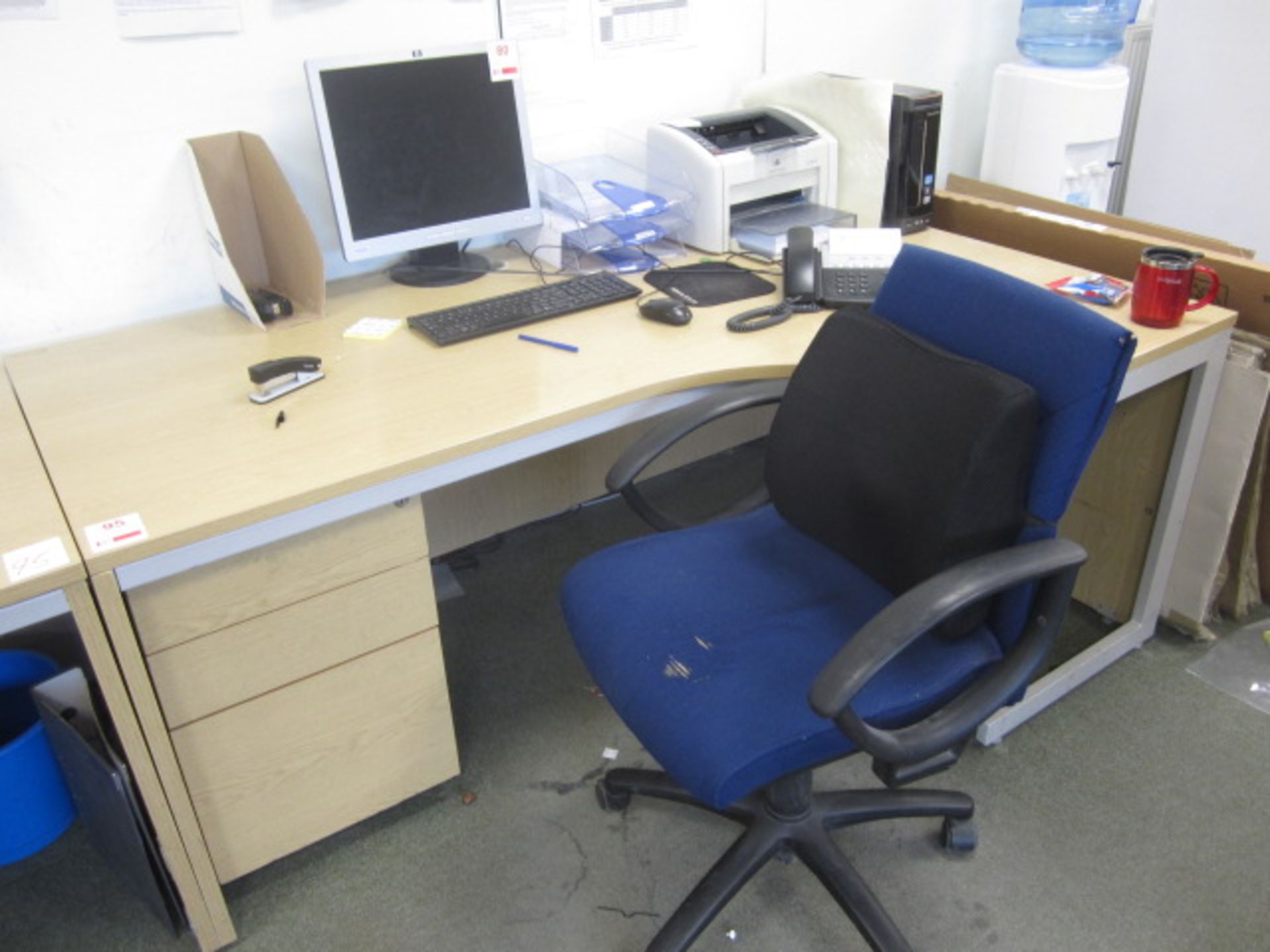 2 x lightwood effect corner workstations, 2 x upholstered chairs, 2 x lightwood effect under desk