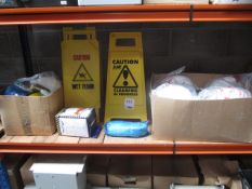 16 x safety helmets, cleaning signs, dust mask & gloves