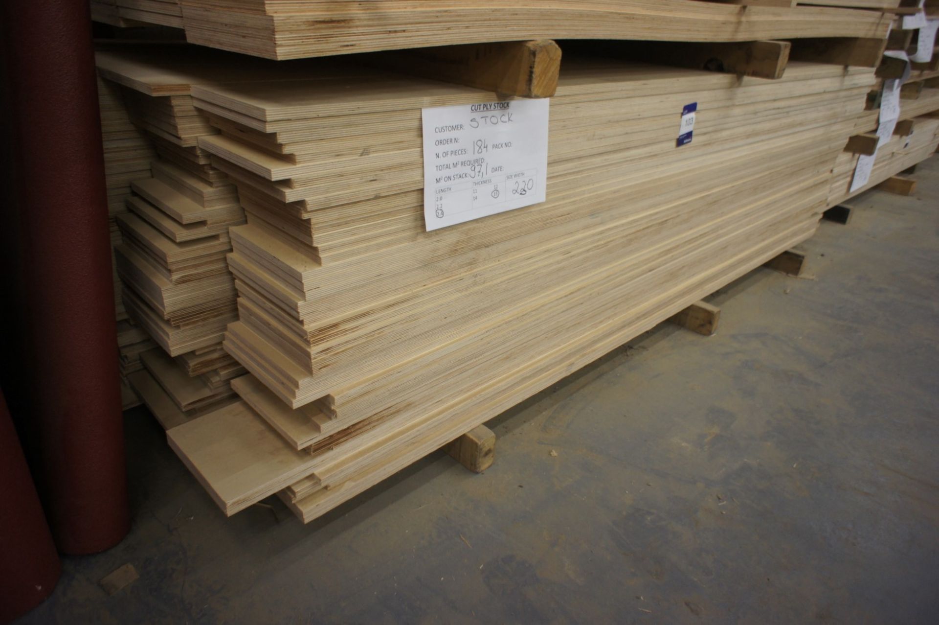 * Cut Ply - 184 pcs, 230 x 15 x 2400mm Please note there is a £5 plus VAT lift out fee on this lot.