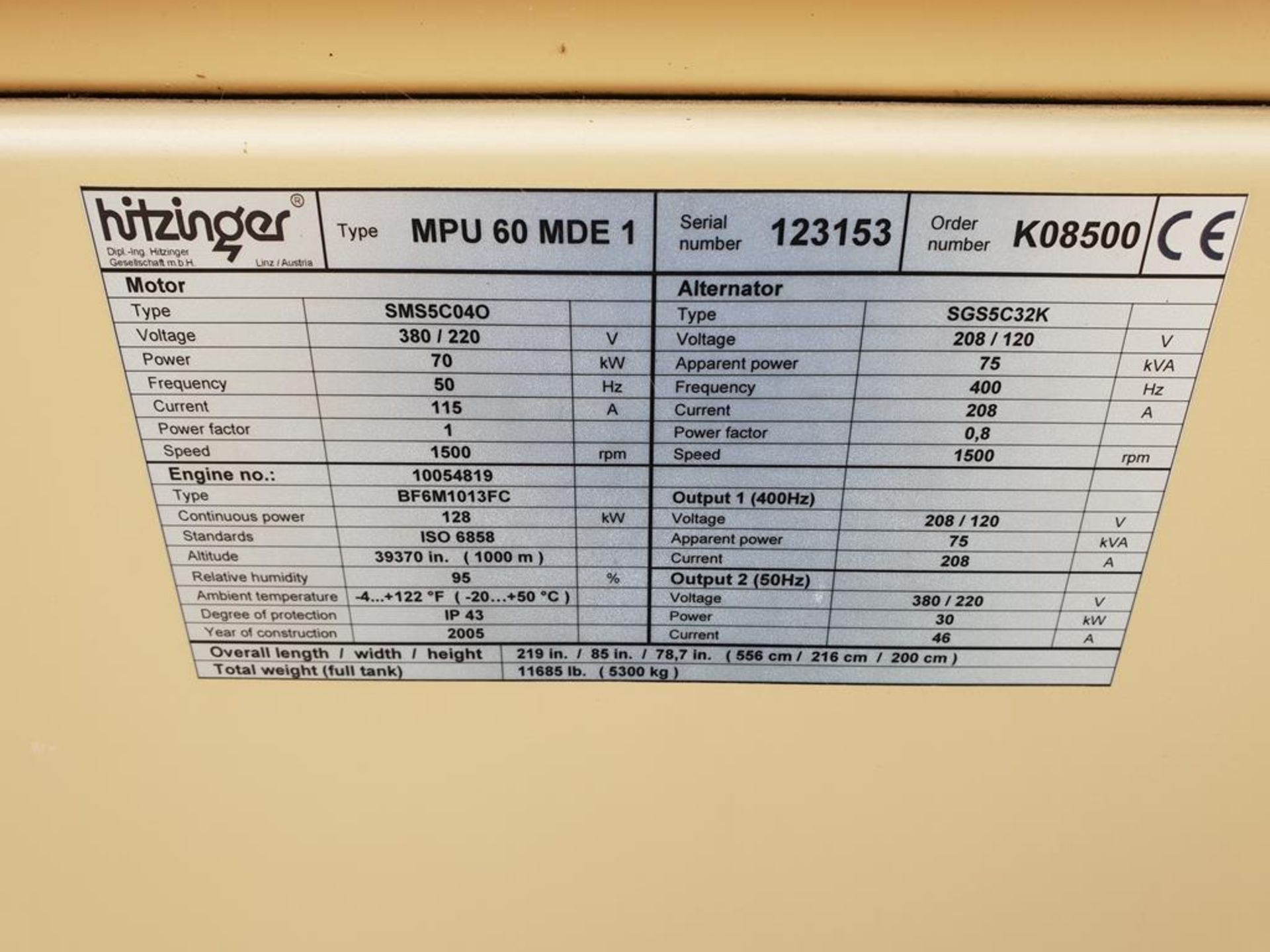 * Hitzinger Type MPU 60 MDE 1 Mobile Ground Power Supply Unit. A Hitzinger Type MPU 60 MDE 1 75KVA - Image 4 of 5