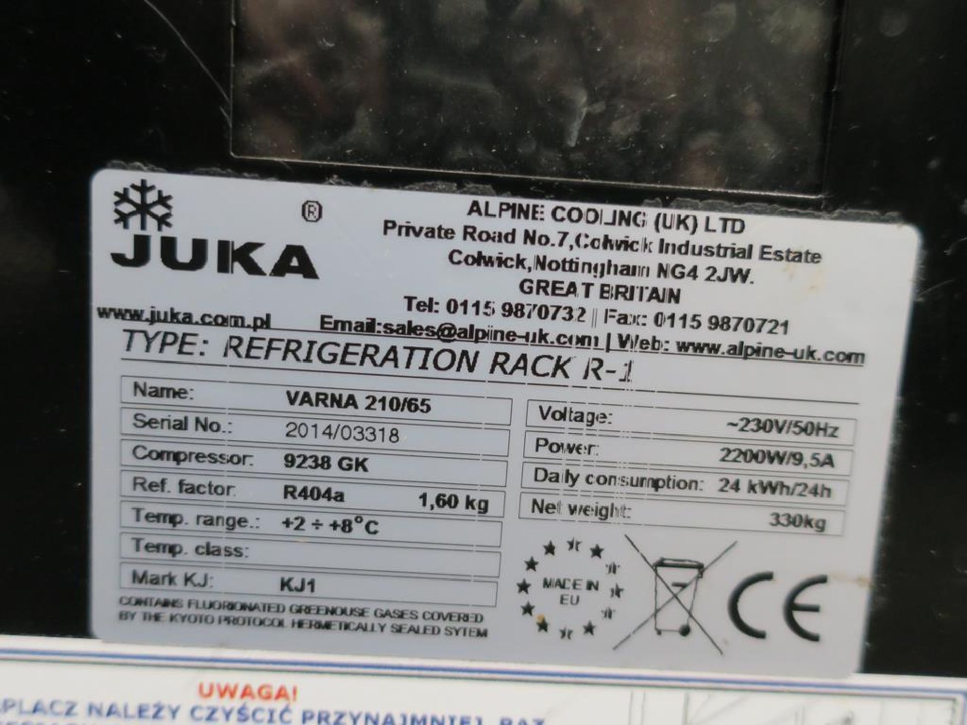 * A Juka Refrigeration Rack R-1 (serial No 2014/03318) (model Vannom 210/65) 230V. Please note there - Image 2 of 5