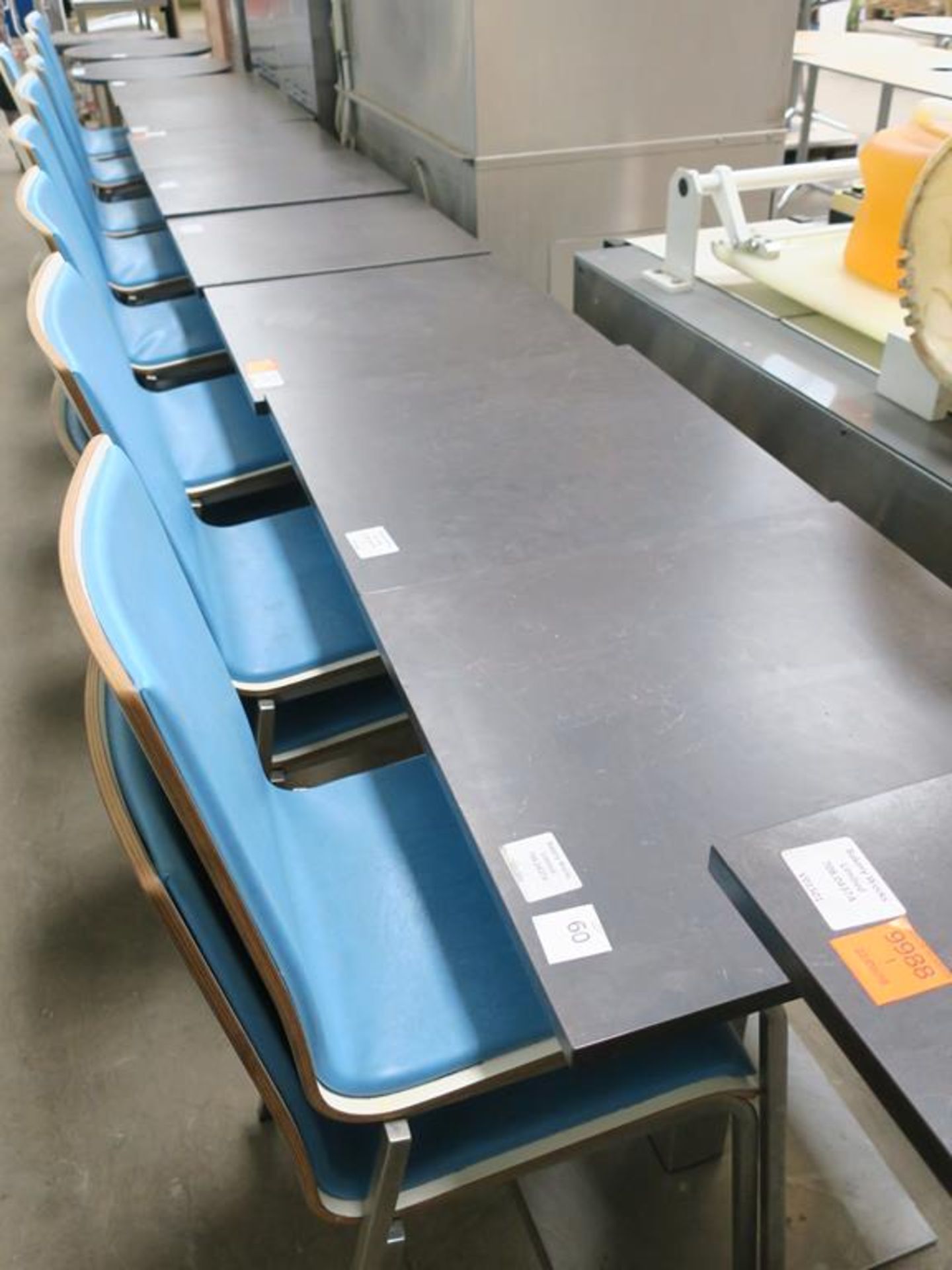 * 8 x Square Top tables with s/steel bases together with 17 x Curved Back Blue Chairs