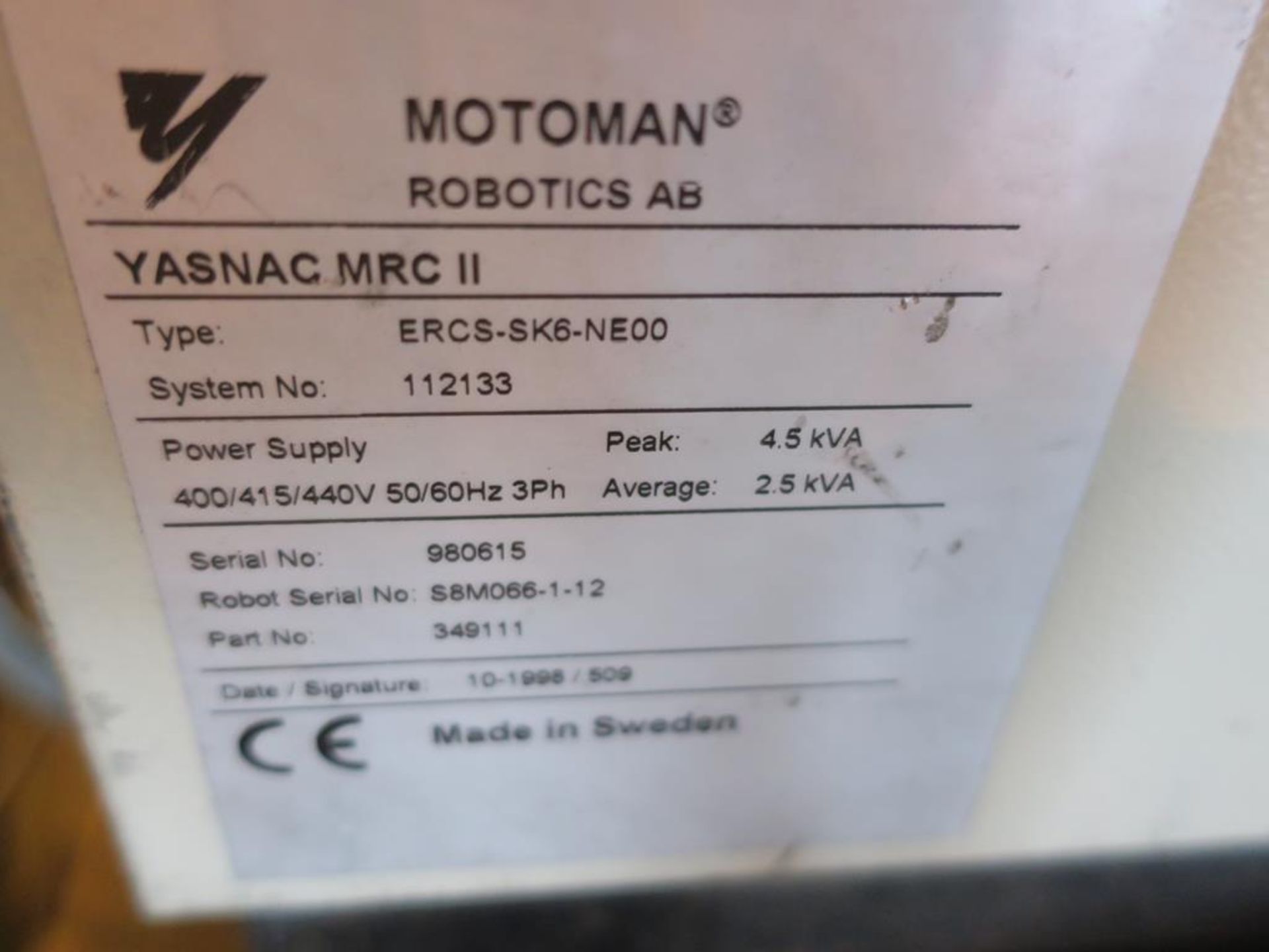 * 1998 Motoman Type Yr-Sk6-C000 Manipulator Robot C/W Attachment & Yasnac Mrc Ii Sk6 Controller; - Image 6 of 6