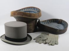 A Christys of London Grey Top Hat (size 7) and a Pair of Brettles Grey Gloves in Bespoke, Lined
