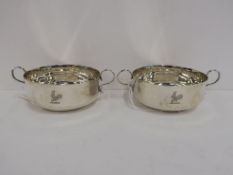 A pair of two handled Silver (London) Dishes with engraved Cockerel to the front, made by R & S,