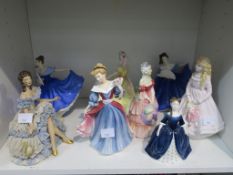 A Shelf containing eight Ceramic Lady Figures from Royal Worchester, Royal Doulton & Capo-di-