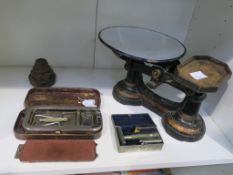 A vintage set of Balance Scales with white enamelled Bowl and set of Imperial Weights together