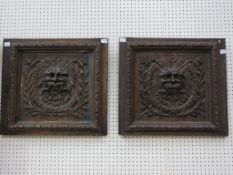 A pair of carved Wooden Doors prepared as Wallhangers of a Moustached Man each H48cm, W53cm, D4.