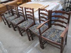A set of four single and two carver ladder back Dining Chairs with drop in seats (est. £30-£40)