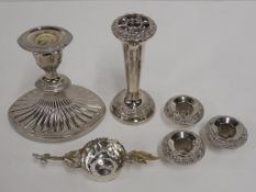 Two Weighted, Silver Plated Candlesticks with three further inserts and a Tea Strainer (6) (est £