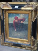 A Framed Oil on Board of a 1920's (?) Golfer Lining Up a Putting Shot (frame size 34cm X 39cm)