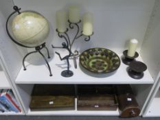 Two shelves to include: Globe, Candles, Wooden Trays etc (est £20-£40)