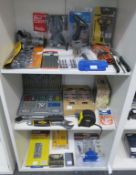 Three shelves to contain a quantity of boxed & unboxed Tools & Maintenance Consumables (est £20-£40)