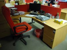 * Oak Effect Cantilever Radius Desk 1600mm x 1200mm, 2 x Desk-High Pedestals and Upholstered