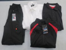 A box containing various clothing to include Black Work Trousers (Small), Black/Red Stormtech