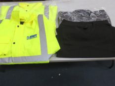 * A box containing a mix of Hi-Vis Waterproof Jackets and Softshell Water Resistant Black Jacket (