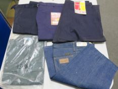 * A box of mainly Navy Trousers (including Wrangler jeans) (sizes 28, 30, 40, 44.) and Green/Grey