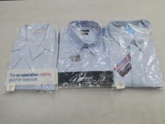 * A box containing Oxford style Light Blue and White Short Sleeve Shirts- sizes 15, 18, 19, 22inches