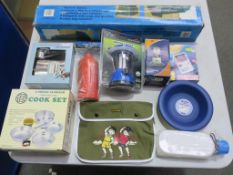 * A box of miscellaneous items to include a Toilet Tent (boxed), Backpacking Lantern, Cord Locks,