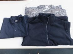 * A box containing a selection of Upper Body Workwear including Navy short sleeve Polo Shirts (