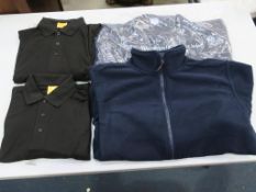 * A box containing a selection of Upper Body Workwear including Black long sleeve Polo Shirts (